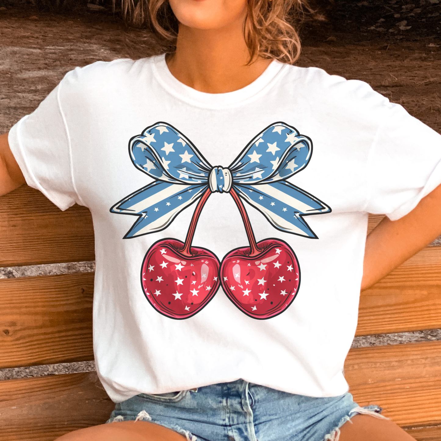 Coquette Tee USA Cherry Bow Graphic Tshirt Flag Bow T-Shirt