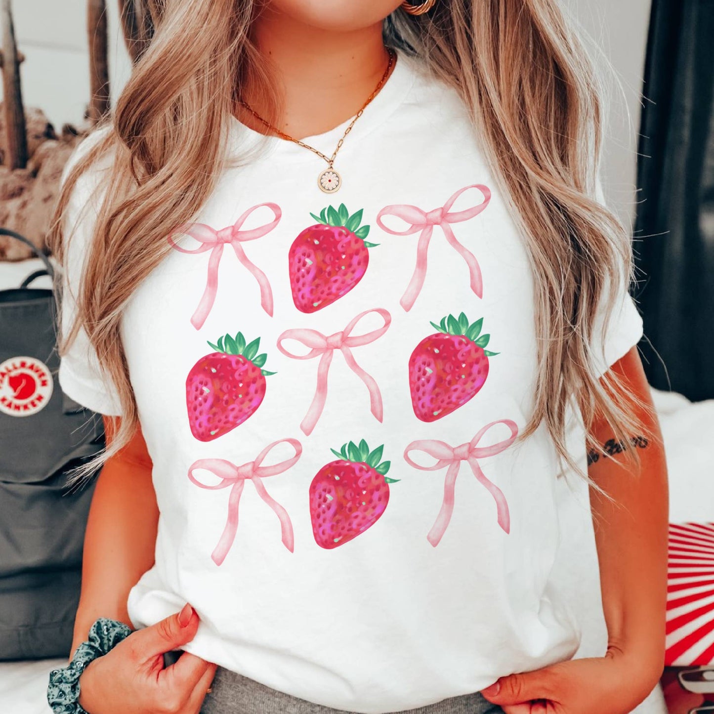 Coquette Tee Strawberry and Bows Summer Graphic Tshirt