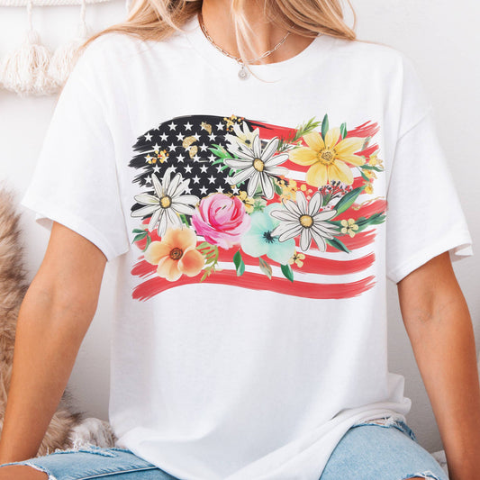 Floral Flag USA 4th of July Flower Stars Stripes Graphic Tee
