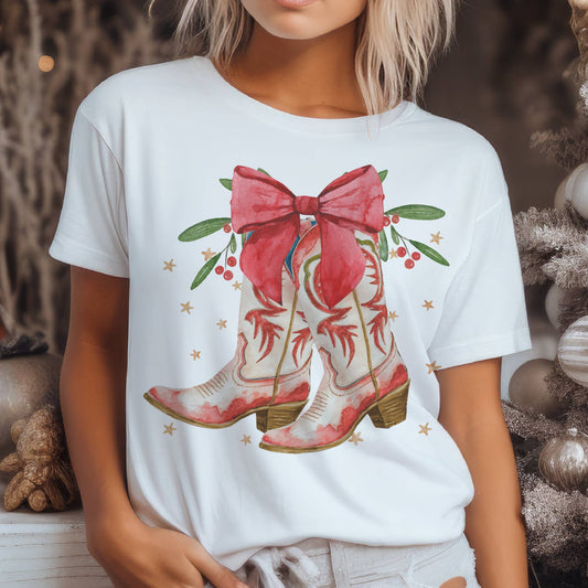 Country Christmas Boots and Bow Nashville Graphic Tee
