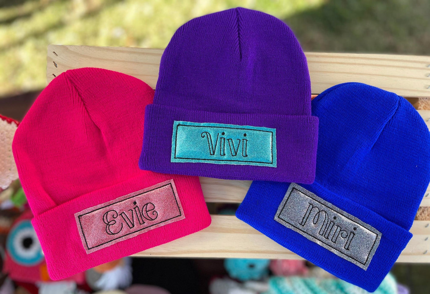 Name Patch Beanie - Solid Color Patch without Glitter - Custom Embroidery Accessory Gift