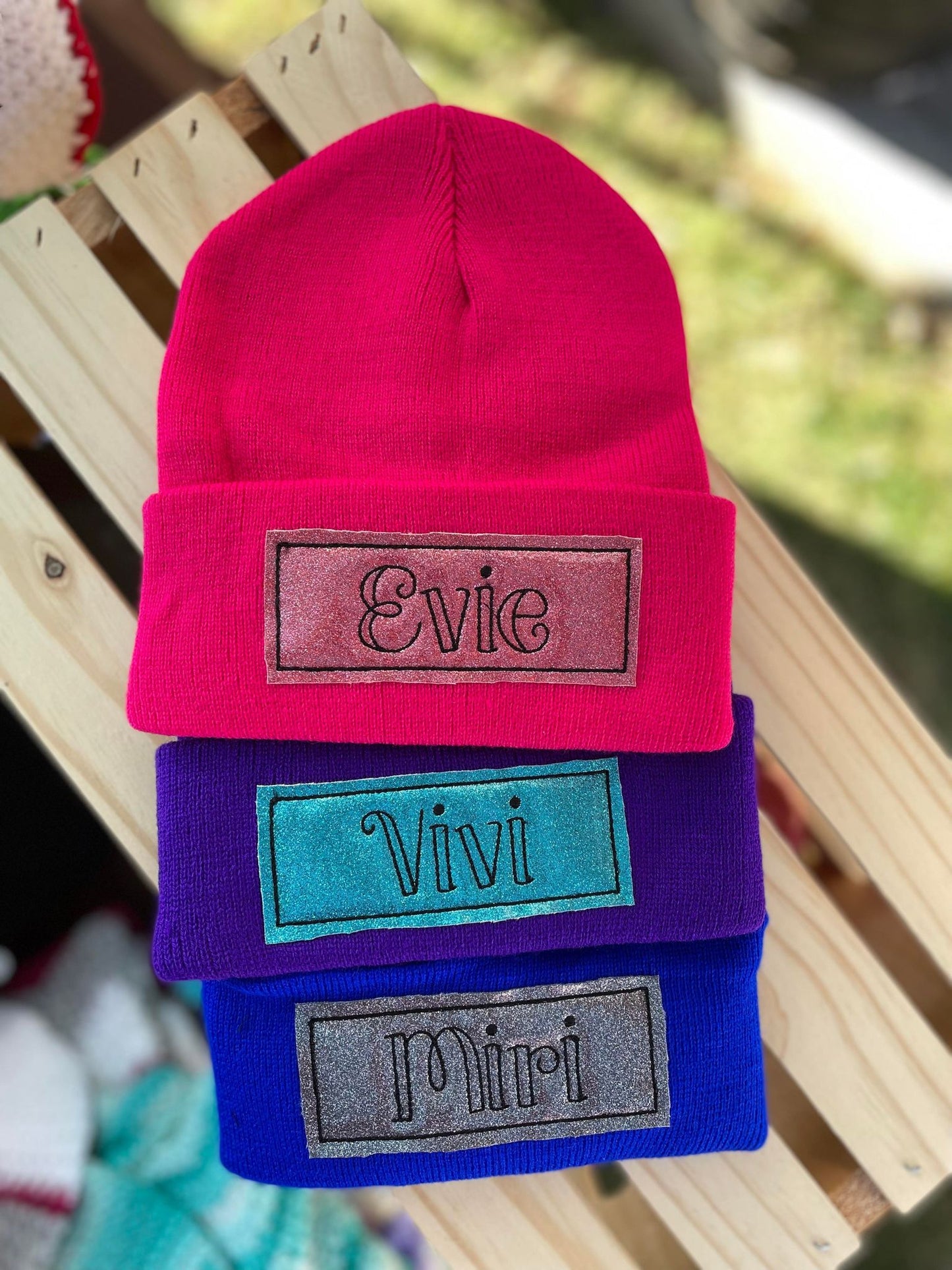 Name Patch Beanie - Solid Color Patch without Glitter - Custom Embroidery Accessory Gift
