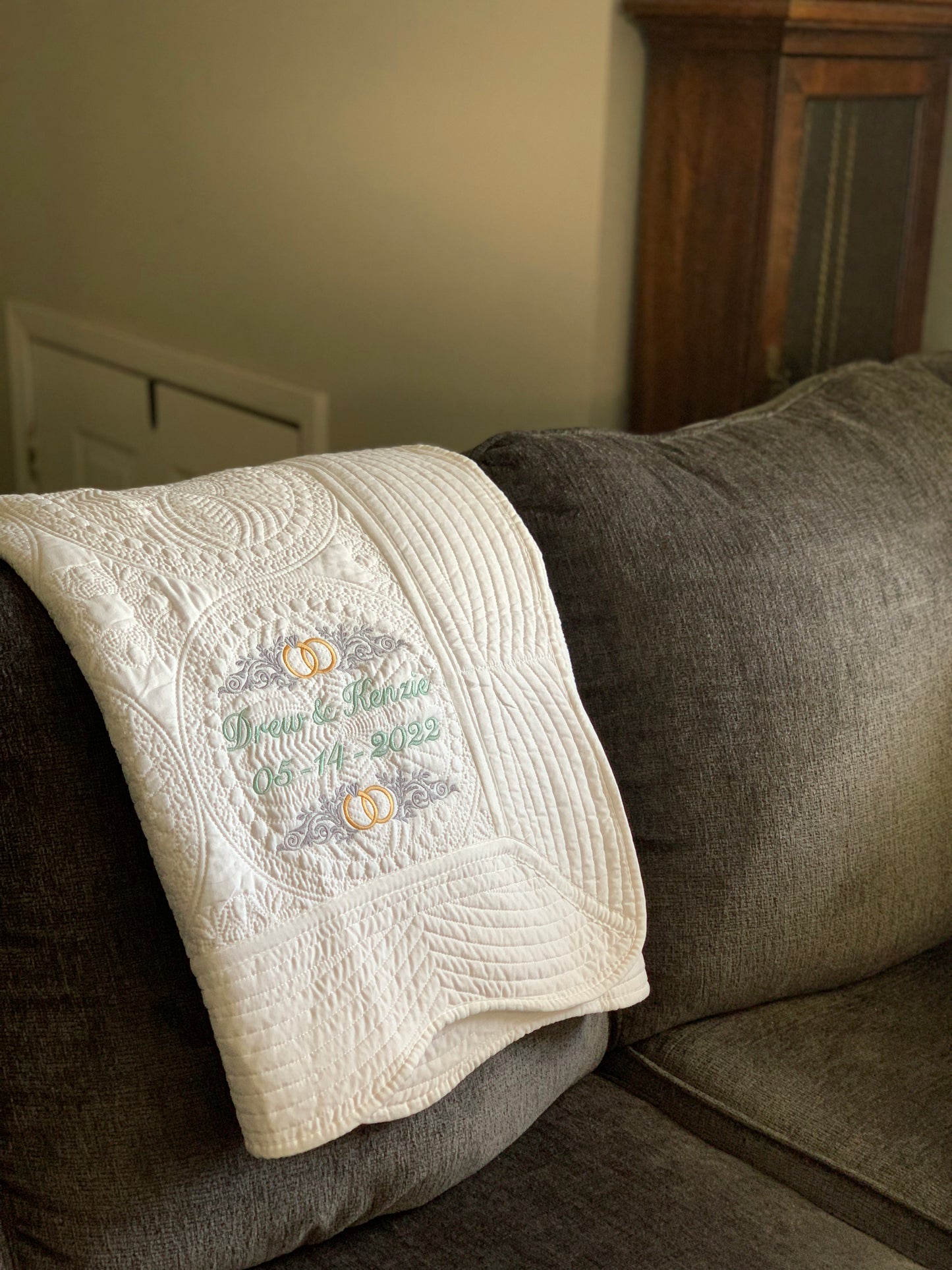 Wedding Anniversary White Lap Quilt - Custom embroidery