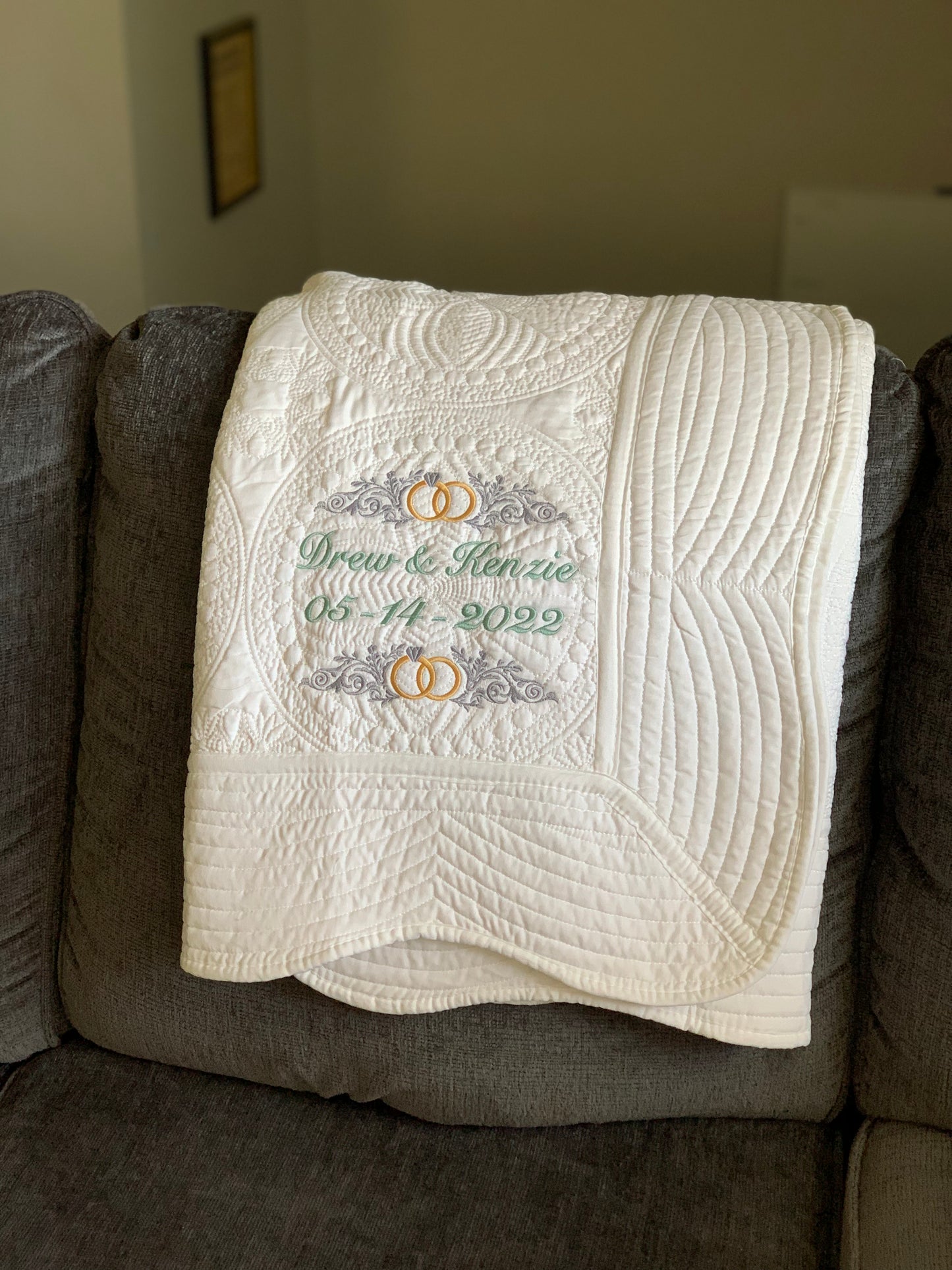 Wedding Anniversary White Lap Quilt - Custom embroidery