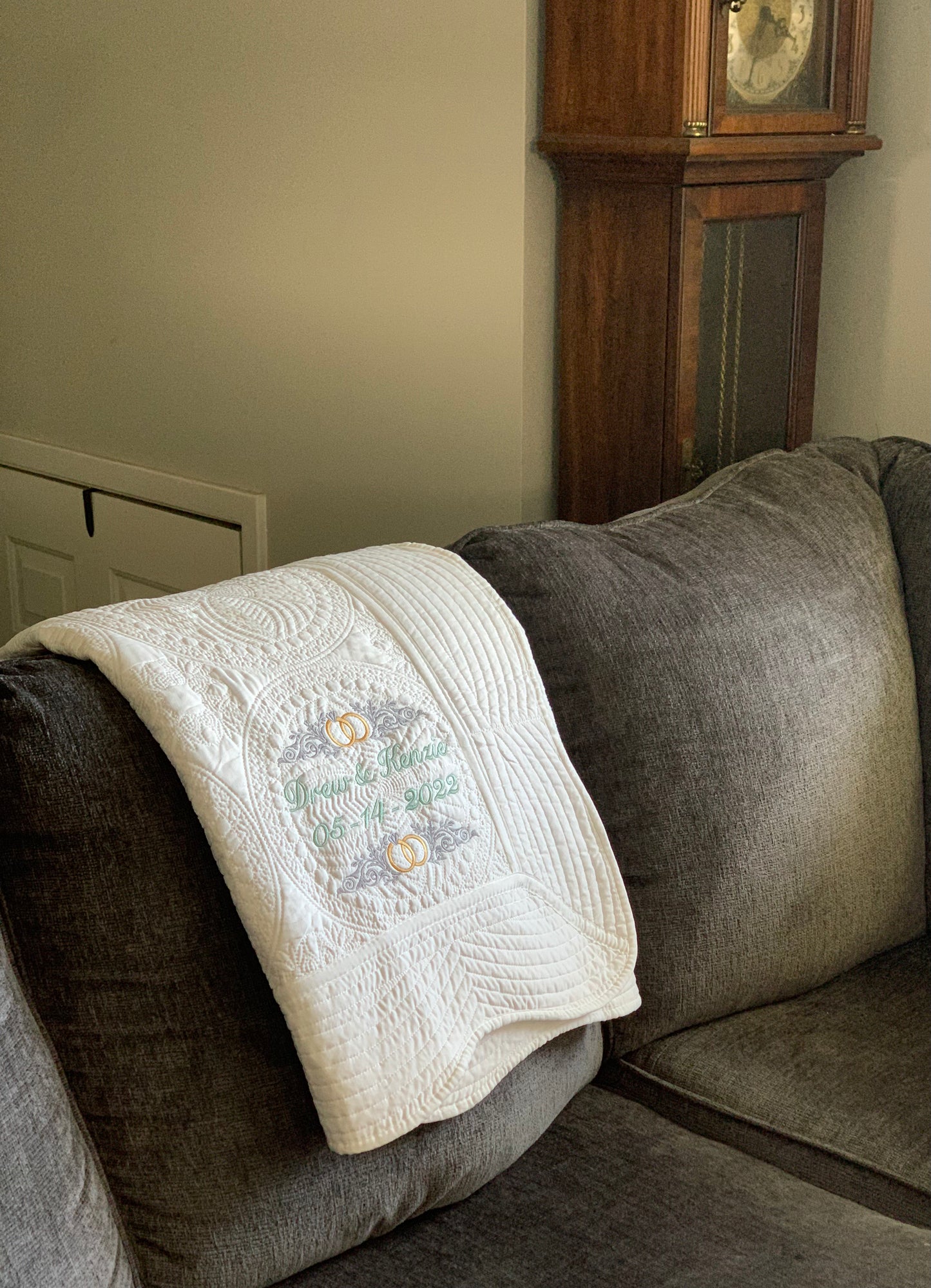 Wedding Anniversary White Lap Quilt - Custom embroidery