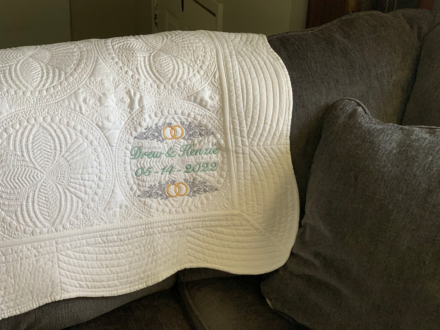 Wedding Anniversary White Lap Quilt - Custom embroidery